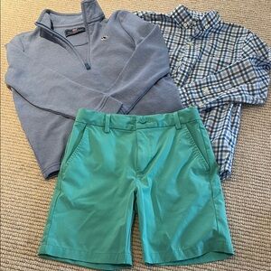 Vineyard Vines Pullover with Plaid Shirt and Green Shorts
